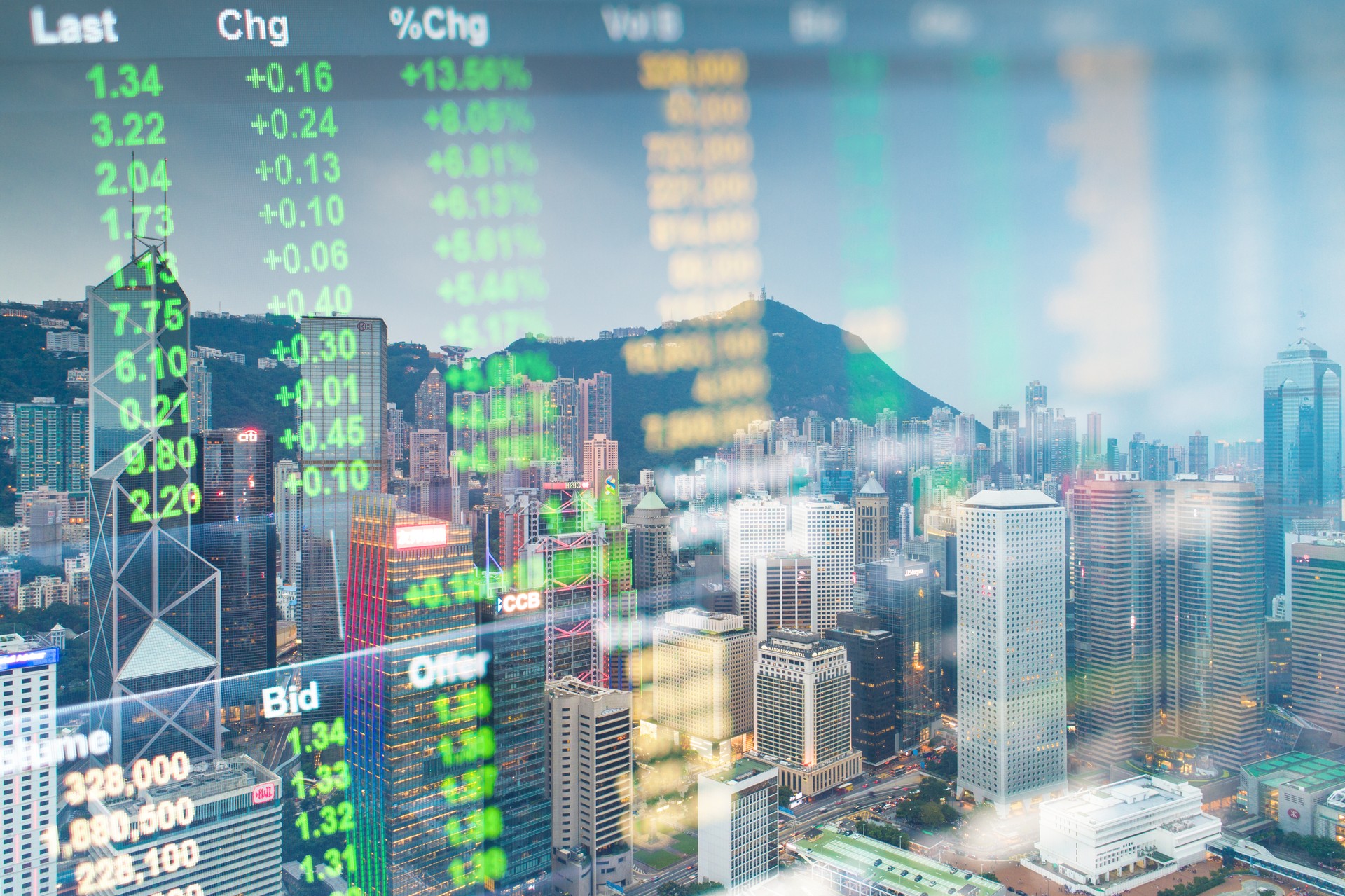 Stockmarket and investment theme background with Hong kong financial district Central area